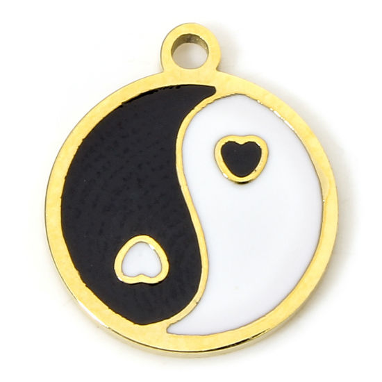 Изображение 1 Piece Eco-friendly Vacuum Plating 304 Stainless Steel Religious Charms Gold Plated Black & White Round Yin Yang Symbol Enamel 12mm x 10.5mm
