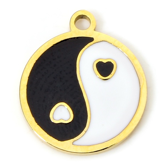 Immagine di 1 Pz Placcatura Sottovuoto Ecologica 304 Acciaio Inossidabile Religione Ciondoli Tondo Oro Placcato Nero & Bianco Yin Yang Simbolo Smalto 12mm x 10.5mm