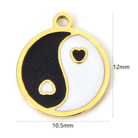 Immagine di 1 Pz Placcatura Sottovuoto Ecologica 304 Acciaio Inossidabile Religione Ciondoli Tondo Oro Placcato Nero & Bianco Yin Yang Simbolo Smalto 12mm x 10.5mm