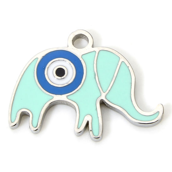 Изображение 1 Piece Eco-friendly 304 Stainless Steel Cute Charms Silver Tone Blue & Green Elephant Animal Eye Enamel 16mm x 11.5mm