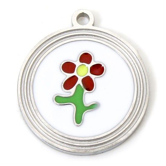 Изображение 1 Piece Eco-friendly 304 Stainless Steel Simple Charms Silver Tone Multicolor Round Flower Enamel 16mm x 14mm