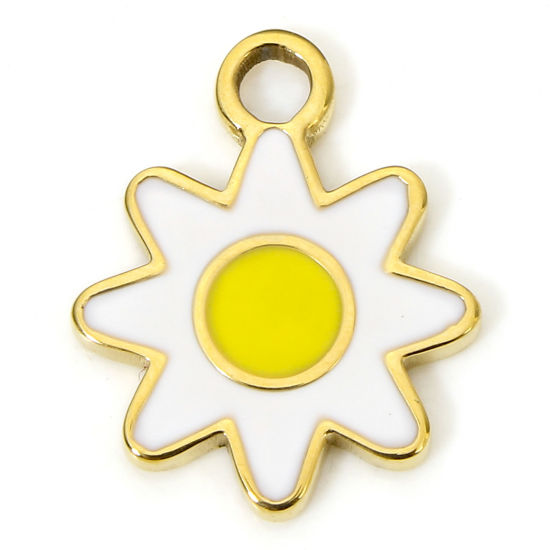 Изображение 1 Piece Eco-friendly Vacuum Plating 304 Stainless Steel Stylish Charms Gold Plated White & Yellow Sunflower Enamel 16mm x 13mm