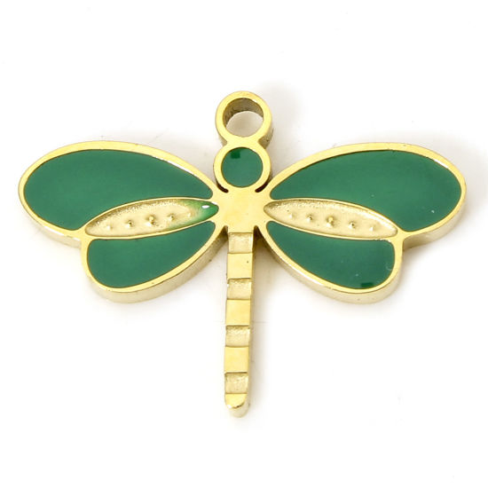 Изображение 1 Piece Eco-friendly Vacuum Plating 304 Stainless Steel Stylish Charms Gold Plated Green Dragonfly Animal Enamel 16mm x 11.5mm