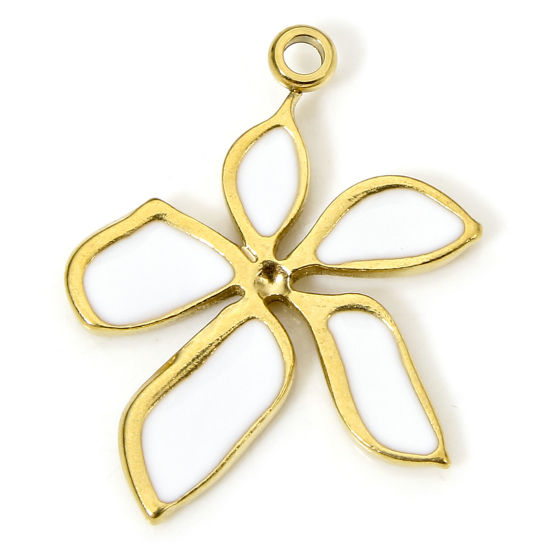 Immagine di 1 Pz Placcatura Sottovuoto Ecologica 304 Acciaio Inossidabile Elegante Ciondoli Fiore Oro Placcato Bianco Smalto 22.5mm x 18mm