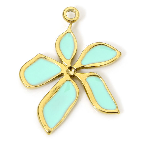 Изображение 1 Piece Eco-friendly Vacuum Plating 304 Stainless Steel Stylish Charms Gold Plated Green Flower Enamel 22.5mm x 18mm