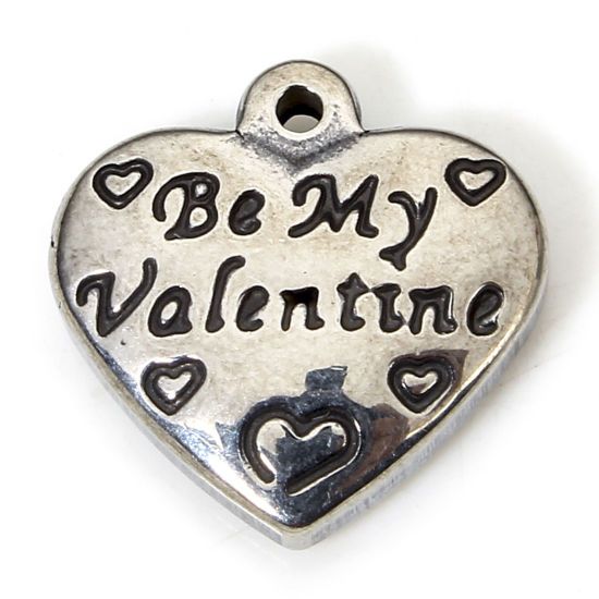 Picture of 1 Piece Eco-friendly 304 Stainless Steel Retro Charms Gunmetal Heart Message " Be My Valentine " 13mm x 12.5mm