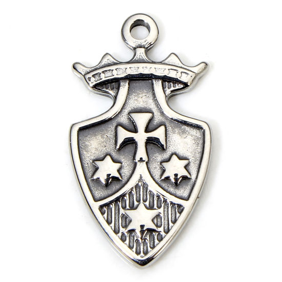 Picture of 1 Piece Eco-friendly 304 Stainless Steel Retro Charms Gunmetal Shield Cross 20.5mm x 11mm