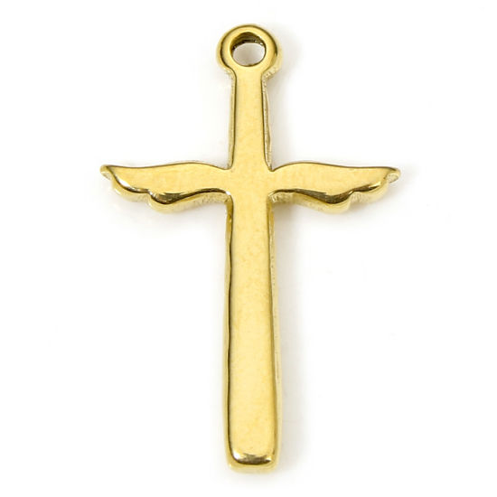 Изображение 1 Piece Eco-friendly Vacuum Plating 304 Stainless Steel Religious Charms Gold Plated Cross Wing 19.5mm x 12.5mm