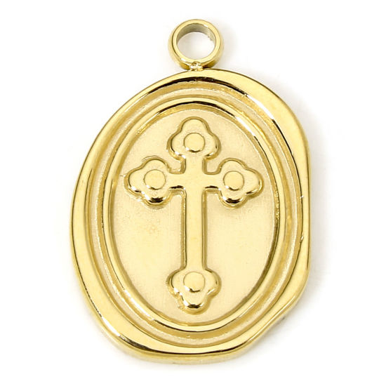 Изображение 1 Piece Eco-friendly Vacuum Plating 304 Stainless Steel Religious Charms Gold Plated Oval Cross 18.5mm x 12.5mm