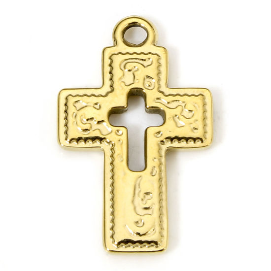 Изображение 1 Piece Eco-friendly Vacuum Plating 304 Stainless Steel Religious Charms Gold Plated Cross Carved Pattern Hollow 24.5mm x 15mm