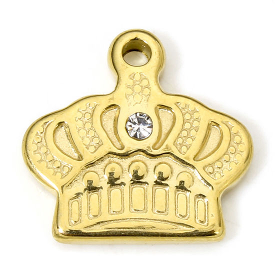 Изображение 1 Piece Eco-friendly Vacuum Plating 304 Stainless Steel Stylish Charms Gold Plated Crown Clear Rhinestone 15mm x 14.5mm