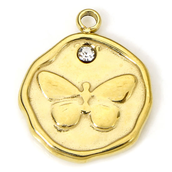 Изображение 1 Piece Eco-friendly Vacuum Plating 304 Stainless Steel Insect Charms Gold Plated Round Butterfly Clear Rhinestone 15.5mm x 12.5mm