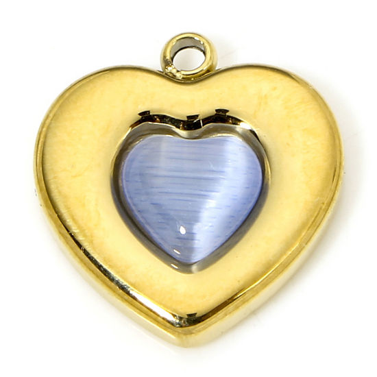 Bild von 1 Stück Umweltfreundliche Vakuumbeschichtung 304 Edelstahl & Stein Stilvoll Charms Herz Vergoldet Hellblau Imitierte Katzenauge 14.5mm x 13.5mm