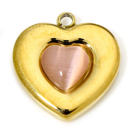 1 Piece Eco-friendly Vacuum Plating 304 Stainless Steel & Stone Stylish Charms Gold Plated Light Pink Heart Cat's Eye Imitation 14.5mm x 13.5mm の画像