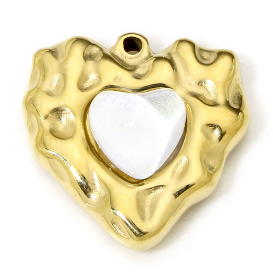 Image de 1 Piece Eco-friendly Vacuum Plating 304 Stainless Steel Hammered Charms Gold Plated Heart White Rhinestone 19mm x 18.5mm