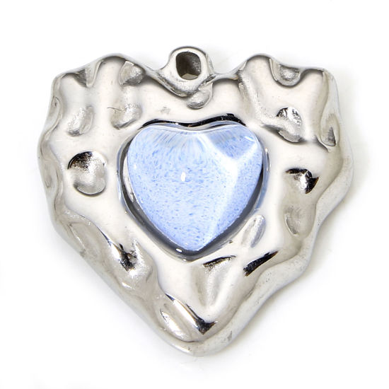 Image de 1 Piece Eco-friendly 304 Stainless Steel Hammered Charms Silver Tone Heart Light Blue Rhinestone 19.5mm x 18.5mm
