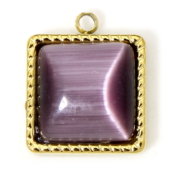 1 Piece Eco-friendly Vacuum Plating 304 Stainless Steel & Stone Stylish Charms Gold Plated Purple Square 14.5mm x 12.5mm の画像