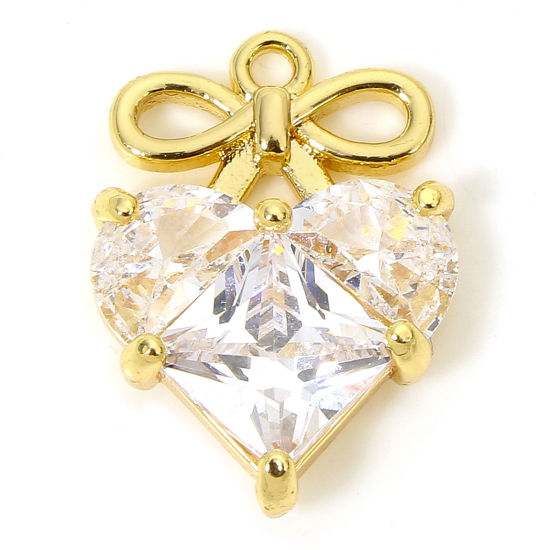 Image de 1 Piece Eco-friendly Brass Valentine's Day Charms 18K Real Gold Plated Heart Bowknot Clear Rhinestone 17mm x 12mm