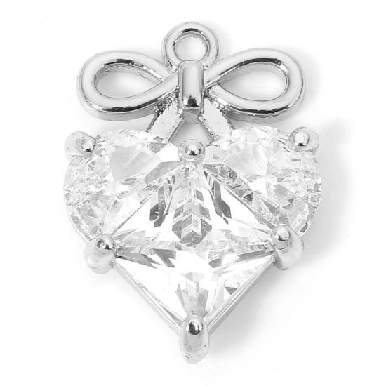 Image de 1 Piece Eco-friendly Brass Valentine's Day Charms Real Platinum Plated Heart Bowknot Clear Rhinestone 17mm x 12mm