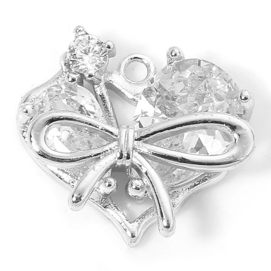 Image de 1 Piece Eco-friendly Brass Valentine's Day Charms Real Platinum Plated Heart Bowknot Clear Rhinestone 17mm x 15mm
