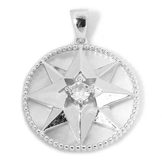 Изображение 1 ШТ Экологичный Перламутр & латунь галактика Подвески Круглые Настоящее платиновое покрытие Звезда Прозрачный Страз 26мм x 20мм