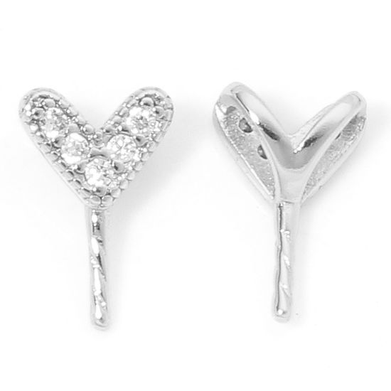 Picture of 2 PCs Eco-friendly Brass Valentine's Day Pearl Pendant Connector Bail Pin Cap Real Platinum Plated Heart Clear Cubic Zirconia 10mm x 6.5mm, Needle Thickness: 0.9mm