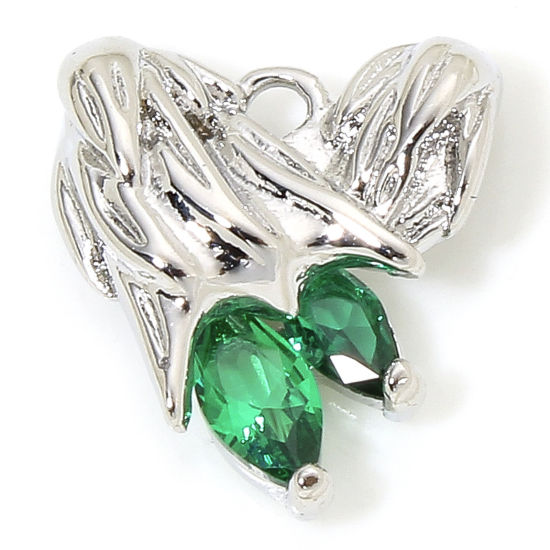1 Piece Eco-friendly Brass Valentine's Day Charms Real Platinum Plated Heart Wing Green Rhinestone 13mm x 12mm の画像