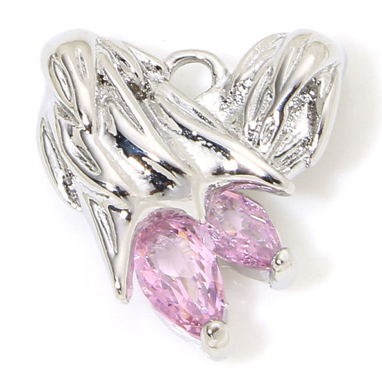 1 Piece Eco-friendly Brass Valentine's Day Charms Real Platinum Plated Heart Wing Pink Rhinestone 13mm x 12mm の画像
