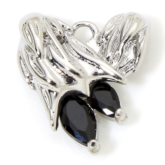 1 Piece Eco-friendly Brass Valentine's Day Charms Real Platinum Plated Heart Wing Black Rhinestone 13mm x 12mm の画像