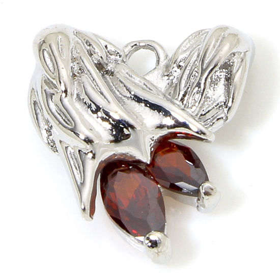 1 Piece Eco-friendly Brass Valentine's Day Charms Real Platinum Plated Heart Wing Red Rhinestone 13mm x 12mm の画像