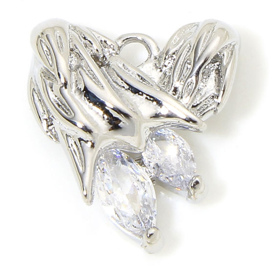 1 Piece Eco-friendly Brass Valentine's Day Charms Real Platinum Plated Heart Wing Clear Rhinestone 13mm x 12mm の画像