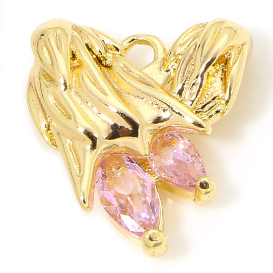 1 Piece Eco-friendly Brass Valentine's Day Charms 18K Real Gold Plated Heart Wing Pink Rhinestone 13mm x 12mm の画像