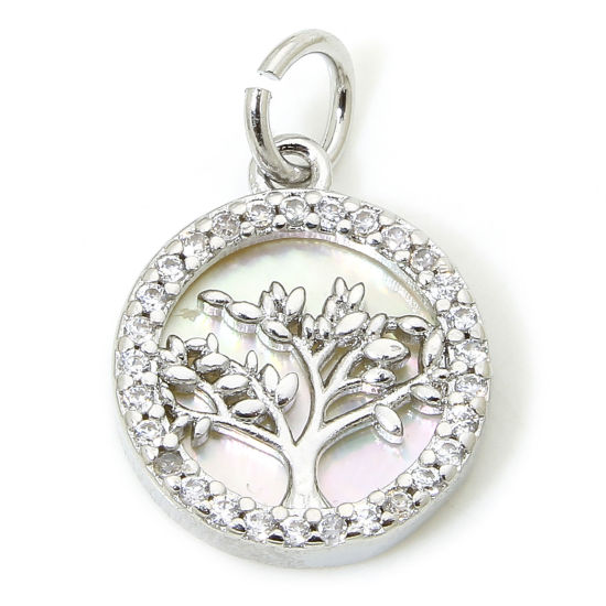 Picture of 1 Piece Eco-friendly Shell & Brass Micro Pave Charms Real Platinum Plated Round Tree Clear Cubic Zirconia 17.5mm x 12mm
