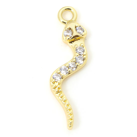 Image de 1 Pièce Breloques Micro Pave en Laiton Respectueux de la Nature Serpent Plaqué Or Véritable 18K à Zircone Cubique Clair 18mm x 5mm