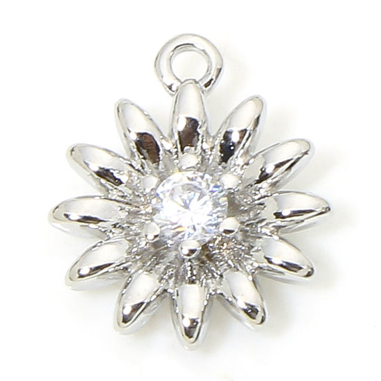 Picture of 2 PCs Eco-friendly Brass Charms Real Platinum Plated Daisy Flower Clear Cubic Zirconia 11mm x 9.5mm