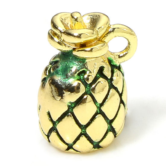 Picture of 1 Piece Eco-friendly Brass Charms 18K Real Gold Plated Pineapple/ Ananas Fruit 3D Enamel 11mm x 8mm