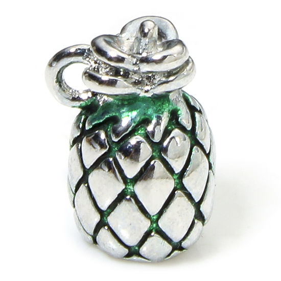 Picture of 1 Piece Eco-friendly Brass Charms Real Platinum Plated Pineapple/ Ananas Fruit 3D Enamel 11mm x 8mm