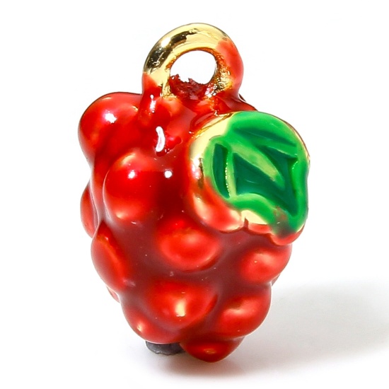 Picture of 1 Piece Eco-friendly Brass Charms 18K Real Gold Plated Red Raspberry Fruit 3D Enamel 12mm x 7mm