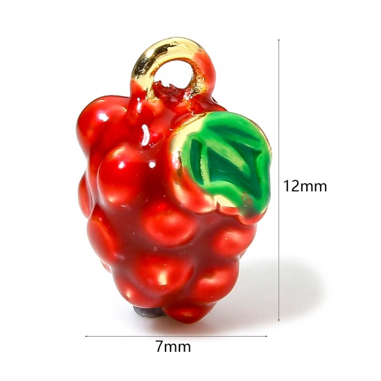 Picture of 1 Piece Eco-friendly Brass Charms 18K Real Gold Plated Red Raspberry Fruit 3D Enamel 12mm x 7mm