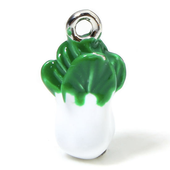 Picture of 1 Piece Eco-friendly Brass Charms Real Platinum Plated White & Green Vegetable 3D Enamel 16mm x 9mm