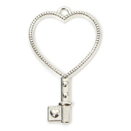 Image de 10 Pcs Pendentifs La Saint Valentin en Alliage de Zinc Argent Vieilli Clé Cœur 4.2cm x 2.5cm