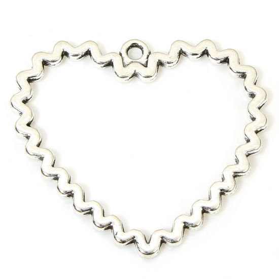 Изображение 10 PCs Zinc Based Alloy Valentine's Day Pendants Antique Silver Color Heart Hollow 3.3cm x 2.9cm