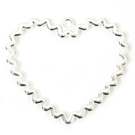 Image de 10 PCs Zinc Based Alloy Valentine's Day Pendants Silver Plated Heart Hollow 3.3cm x 2.9cm