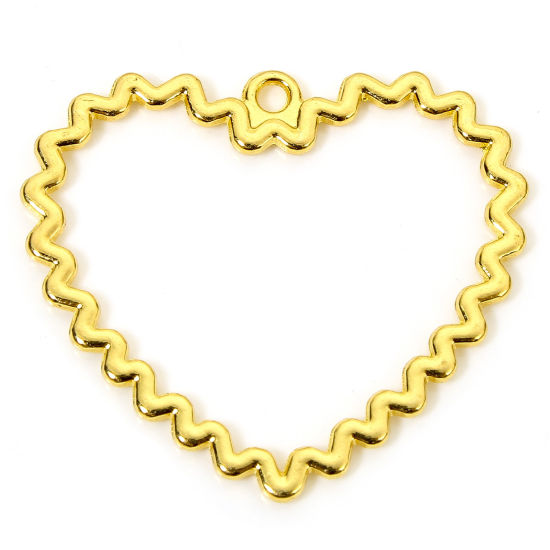 Image de 10 PCs Zinc Based Alloy Valentine's Day Pendants Gold Plated Heart Hollow 3.3cm x 2.9cm