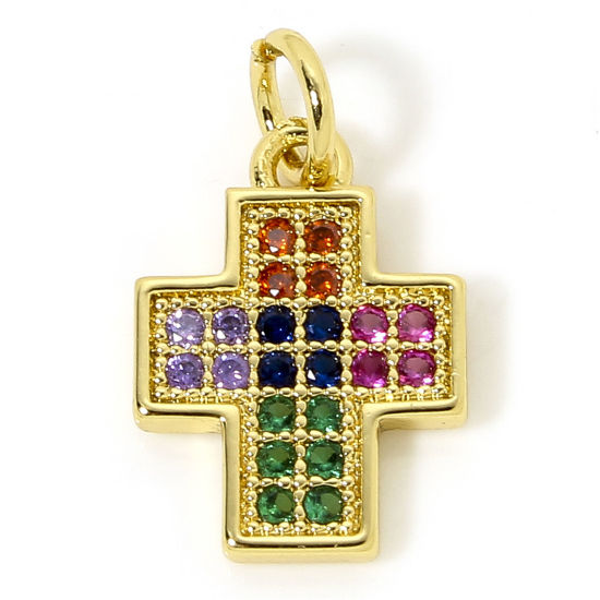1 Piece Brass Religious Charms 18K Gold Plated Cross Micro Pave Multicolour Cubic Zirconia 17mm x 10mm の画像