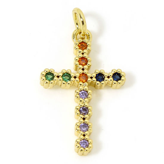 1 Piece Brass Religious Charms 18K Gold Plated Cross Micro Pave Multicolour Cubic Zirconia 24mm x 13mm の画像