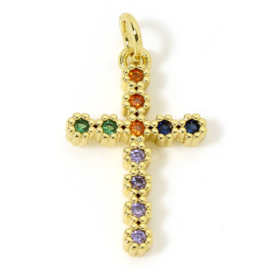 Bild von 1 Stück Messing Religiös Charms 18K Gold Plattiert Kreuz Micro Pave Bunt Zirkonia 24mm x 13mm