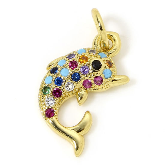 1 Piece Brass Ocean Jewelry Charms 18K Gold Plated Dolphin Animal Micro Pave Multicolour Cubic Zirconia 18mm x 9mm の画像