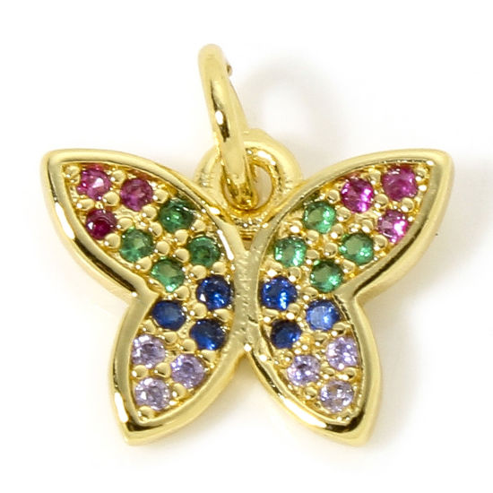 1 Piece Brass Insect Charms 18K Gold Plated Butterfly Animal Micro Pave Multicolour Cubic Zirconia 13mm x 13mm の画像