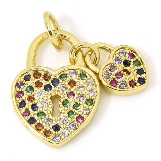 Bild von 1 Stück Messing Valentinstag Charms 18K Gold Plattiert Schloss Herz Micro Pave Bunt Zirkonia 18mm x 10mm